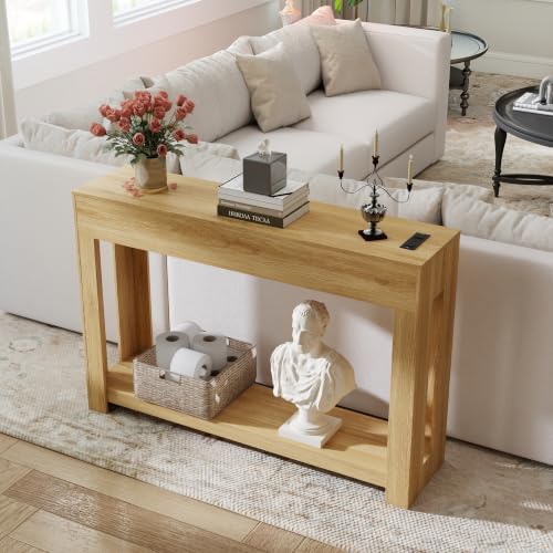 Wood Console Table Entryway：47" Oak Narrow Entryway Table with Outlet | Behind the Couch Tables with LED, Modern Console Tables for Hallway, Living Room