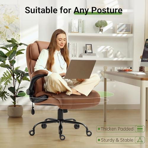 Office Chair, Big and Tall Executive Chair with Air-Lumbar Support, Breathable Desk Computer Chair with Adjustable Flip-up Armrests, Wide Cushion Seat Swivel Home Office Chair - color: Brown