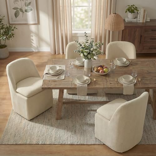 KISLOT Upholstered Dining Chairs with Casters, Washable Cover Modern Dining Room Chairs with Thick Cushion & Sturdy Metal Frame for Kitchen, Living Room, Dressing Room, Sand Fabric, Set of 4 - color: Sand, size: set of 4(2 BOX)