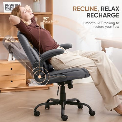 Home Leather Office Chair with Lumbar Support, 5" Padded Seat, Small Rocking Desk Chair, Comfy Computer Chairs with Rolling Wheels & Adjustable Arms for Adults, Grey - color: Grey