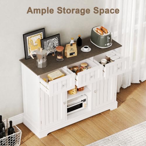ChooChoo 35.4" Coffee Bar Cabinet with 3 Drawers and 2 Doors, White & Brown | Buffet Cabinet with Adjustable Shelves, Storage Cabinet for Compact Kitchens, Dining rooms and Living rooms - color: White & Brown
