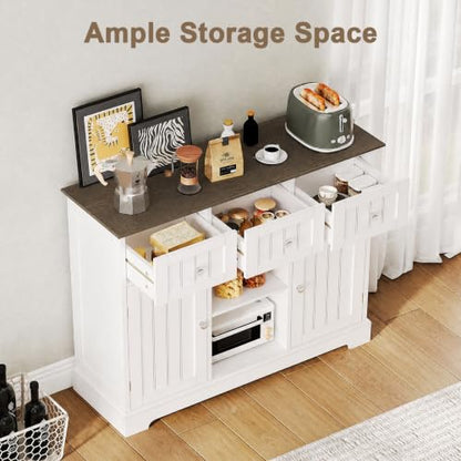 ChooChoo 35.4" Coffee Bar Cabinet with 3 Drawers and 2 Doors, White & Brown | Buffet Cabinet with Adjustable Shelves, Storage Cabinet for Compact Kitchens, Dining rooms and Living rooms - color: White & Brown