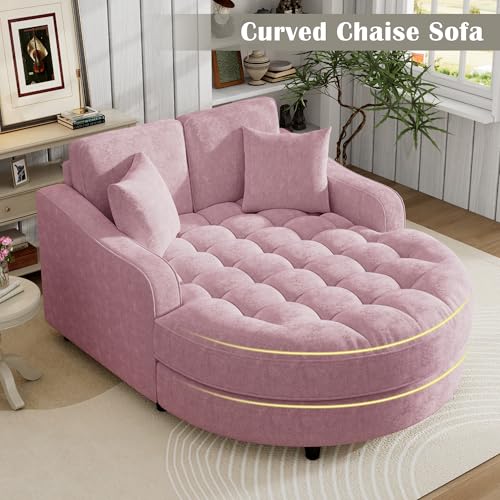 55" Modern 2-Seater Chaise Lounge Sofa Bed - Chenille Upholstered Loveseat Couch with Tufted Seat & Detachable Pillows, Space-Saving Sleeper Sofa (Pink) - color: Pink