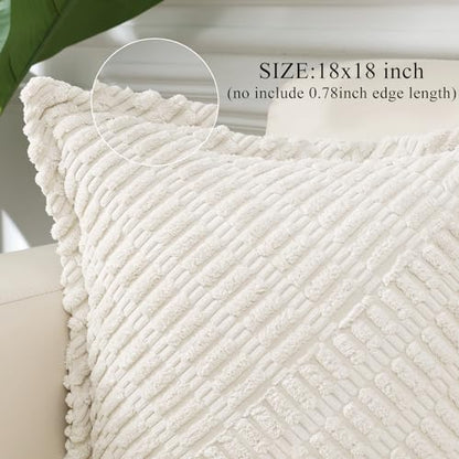 decorUhome Decorative Cream White Throw Pillow Covers 18x18 Set of 2 with Splicing, Boho Soft Corduroy Broadside Twill Spring Pillow Covers for Couch Bed Sofa Living Room | Boho Decorative Soft Broadside Twill Accent Modern Farmhouse Neutral Pillow Covers