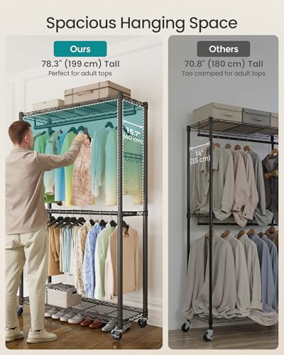 SONGMICS Heavy-Duty Rolling Clothes Rack, Garment Rack, Portable Closet on Wheels, with Adjustable Mesh Shelves and Hanging Rails, Hooks, 15.8 x 35.4 x 78.3 Inches, Ink Black ULGR416BH01 - size: 35.4"W