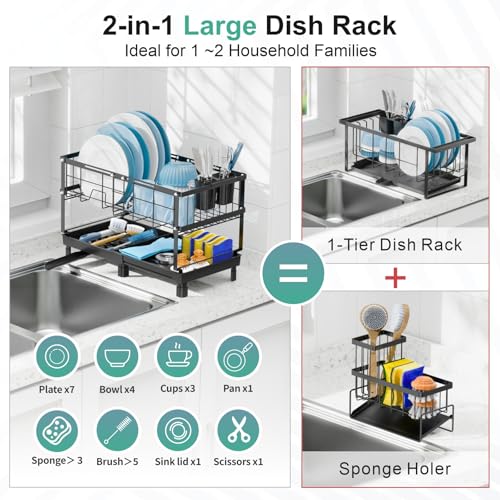 Large 2 Tier Dish Drying Rack - Expandable for Kitchen Counter Black | Spacious Drying Space, 360° Rotating Drain Spout, 12.2 in Deep Design, Removable Utensil Holder, Rust-Resistant, Stable Frame - color: Black, size: Large - 20.7"L x 12.2"D x 13.4"H