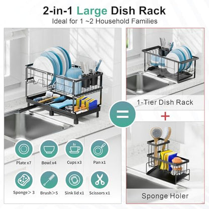 Large 2 Tier Dish Drying Rack - Expandable for Kitchen Counter Black | Spacious Drying Space, 360° Rotating Drain Spout, 12.2 in Deep Design, Removable Utensil Holder, Rust-Resistant, Stable Frame - color: Black, size: Large - 20.7"L x 12.2"D x 13.4"H