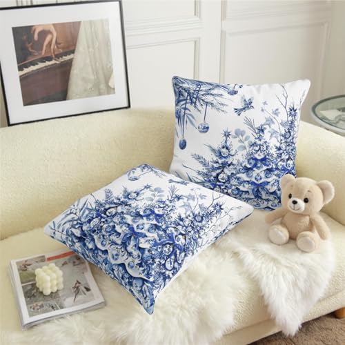 Chinoiserie Christmas Tree Pillow Covers 16x16 Set of 2 Winter Blue and White Porcelain Pine Trees Bird Ball Print Pillow Cases Xmas Holiday Cushion Cases for Farmhouse Living Room Decor - color: Blue Christmas Tree, size: 16" x 16" (Pack of 2)