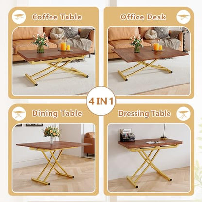 Adjustable Height Coffee Table, Folding Dining Table, Walnut&Gold | Convertible lift top table for use as a coffee table, dining table, home office desk or vanity - color: Walnut & Gold Legs