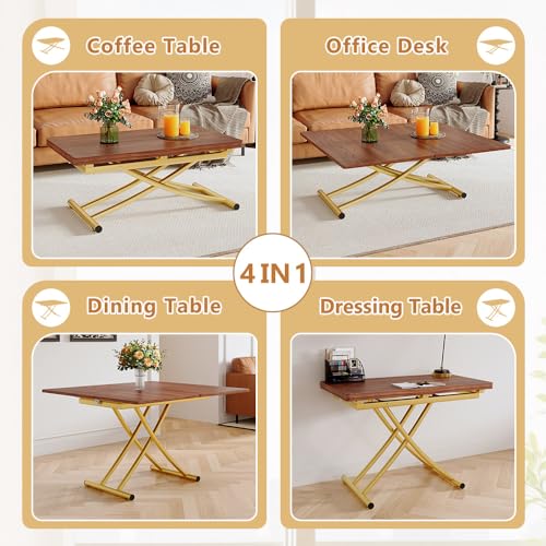 Adjustable Height Coffee Table, Folding Dining Table, Walnut&Gold | Convertible lift top table for use as a coffee table, dining table, home office desk or vanity - color: Walnut & Gold Legs