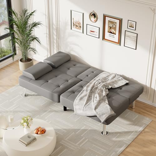 Furmax Leather Futon Sofa Bed, Adjustable Futon Couch for Living Room | Sleeper Sofa Bed with 2 Cup Holders, Reclining Futon Loveseat for Apartment, Business Office & Small Spaces | Gray - color: Grey