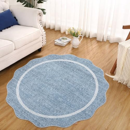 GarveeHome Scalloped Round Area Rugs, Washable Small Round Rug 3ft Non-Slip | Blue Soft Boho Ultra-Thin Circle Low Pile Stain Resistant Carpet for Bedroom Entryway Kitchen Laundry Bathroom - color: Blue, size: 3' x 3' (Round)