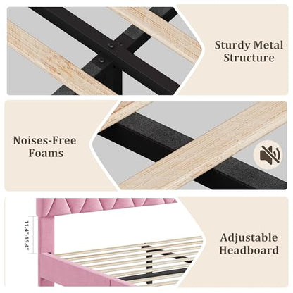 GAOMON Pink Full Bed Frame with Upholstered Headboard, Heavy-Duty Platform Bed Frame with Strong Wood Slats, No Box Spring Needed/Noise Free/Easy Assembly | Heavy-Duty Bed Frame with Wooden Slats Support Upholstered Mattress Foundation No Box Spring Neede