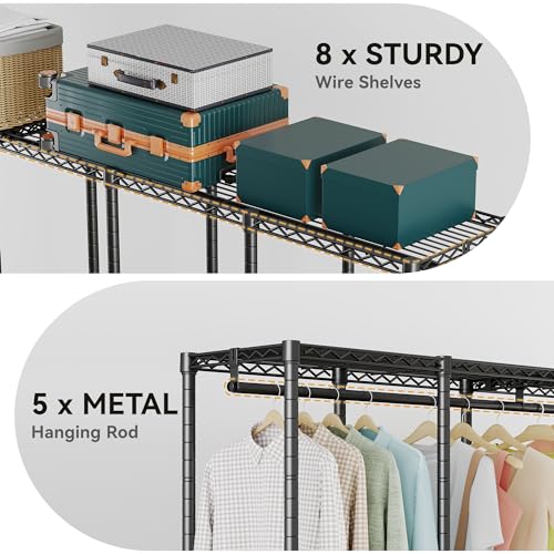 Higeego H5 Heavy Duty Clothes Rack, Black Clothing Rack for Hanging Clothes | 93.3"Wx15.7"Dx75.4"H, Large Garment Rack, Freestanding, Wardrobe Closet with Adjustable Shelf, Load 1400 lbs - color: Black