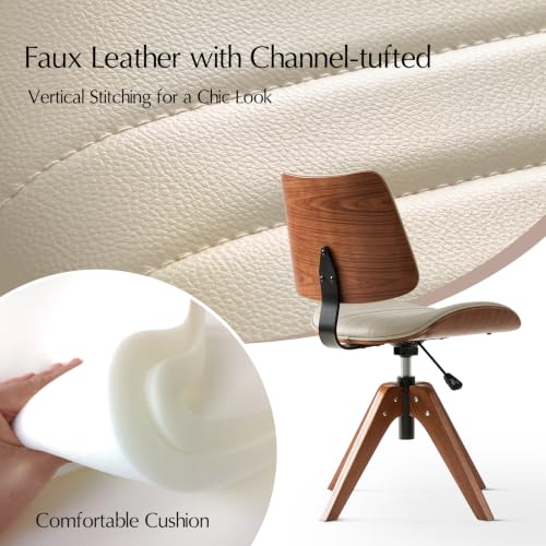HULALA Home Faux Leather Home Office Desk Chair No Wheels, Ivory | Mid-Century Modern Desk Chair with Wood Legs, 360° Swivel Computer Task Chair with Channel-Tufted Backrest, Height Adjustable - color: Ivory