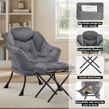 Lazy Chair with Ottoman, Comfy Reading Chair, Darkgrey | Cushioned Seat with Foldable Ottoman and Side Pocket, Lounge Chair for Bedroom, Living Room, Dorm and Small Spaces - color: Darkgrey