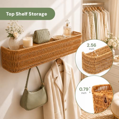 Rattan Coat Rack Wall Mount with Shelf, Hidden Hooks | 5 Hidden Hooks for Coats, Bags & Towels, Japandi Scandinavian Style