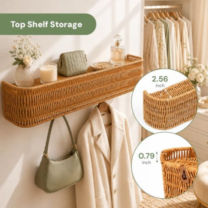 Rattan Coat Rack Wall Mount with Shelf, Hidden Hooks | 5 Hidden Hooks for Coats, Bags & Towels, Japandi Scandinavian Style