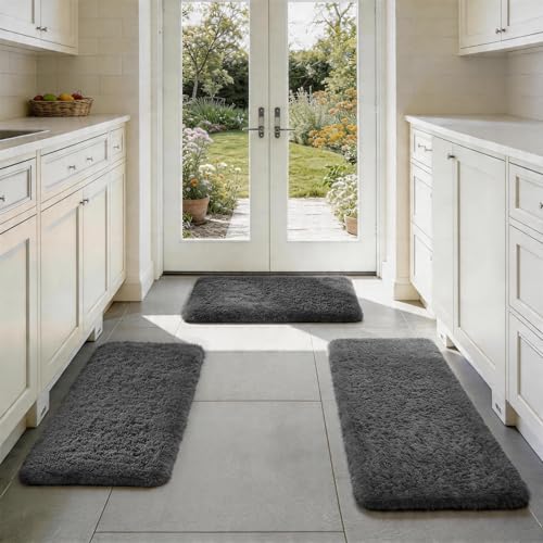 Ophanie Small Rug Washable Non Slip Throw Bedside Area Rugs, Fluffy Soft Mini Bedroom Carpet, 1.5x2.5，1.5x4 and 1.5x5 Rug Set, 3 Piece Grey with Over 99 pcs Pile fibers - color: 1- Grey, size: 1.5' x 2.5' + 1.5' x 4' + 1.5' x 5' (Rectangular)