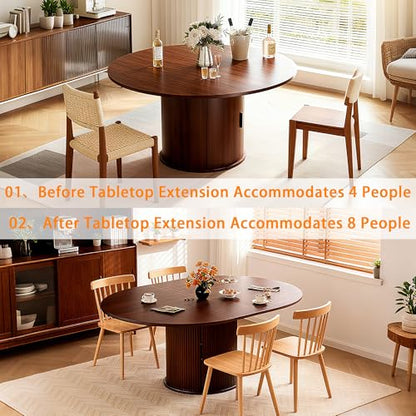 Wildhome Extendable Round Dining Table for 2-4-6, 59 Inch Dining Room Kitchen Table with 2-Tier Storage Shelf, Modern Farmhouse Fluted Wood Slide Door Dinner Furniture,Oval Circle,Walnut-59 Inch - color: Walnut-59 Inch