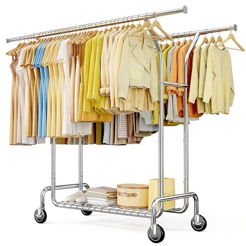 Raybee Heavy Duty Clothes Rack 630 LBS Double Rods Sturdy Shelves & Wheels | Rolling Clothing Rack with 360° Lockable Wheels, Easy Assembly, Portable Adjustable Garment Rack for Home & Commercial - color: Silver