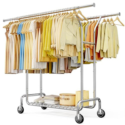 Raybee Heavy Duty Clothes Rack 630 LBS Double Rods Sturdy Shelves & Wheels | Rolling Clothing Rack with 360° Lockable Wheels, Easy Assembly, Portable Adjustable Garment Rack for Home & Commercial - color: Silver