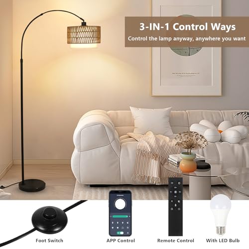eyassi Arc Floor Lamp with Remote, Modern LED Floor Lamp with Dimmable Bulb, Boho Farmhouse Standing lamp with Fabric & Rattan Lampshades, Height Adjustable Black Tall Lamp for Living Room Bedroom - style: Farmhouse