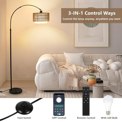 eyassi Arc Floor Lamp with Remote, Modern LED Floor Lamp with Dimmable Bulb, Boho Farmhouse Standing lamp with Fabric & Rattan Lampshades, Height Adjustable Black Tall Lamp for Living Room Bedroom - style: Farmhouse
