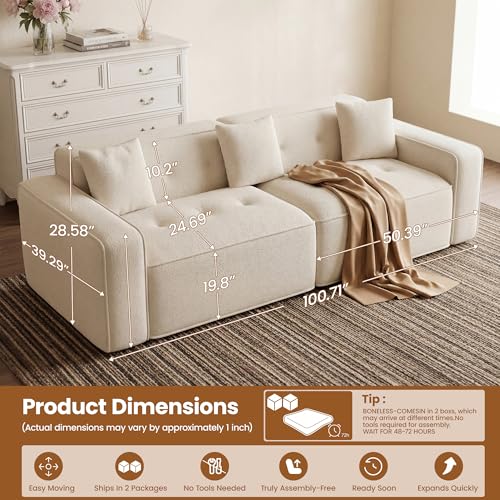 FiveWillowise 100" Cloud Boneless Modular Sectional Sofa,Beige | 2-Seater Loveseat with 24.69" Deep Seat,Floor Couch–Comfy Foam Upholstered Sofa for Living Room,Bedroom,Apartment,Chenille - color: Beige