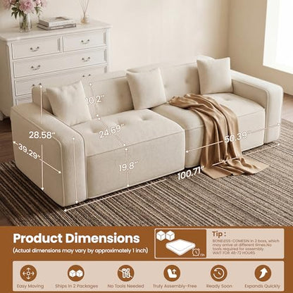 FiveWillowise 100" Cloud Boneless Modular Sectional Sofa,Beige | 2-Seater Loveseat with 24.69" Deep Seat,Floor Couch–Comfy Foam Upholstered Sofa for Living Room,Bedroom,Apartment,Chenille - color: Beige