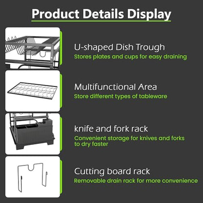 2-Tier Foldable Dish Drying Rack with Drainboard, Stainless Steel Large Capacity Kitchen Counter Organizer with Cup Holder, Utensil & Cutting Board Storage, No Assembly Required, Black