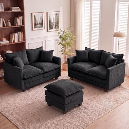 50'' Loveseat Sofa Set with Ottoman, Small Couch Set 2 Piece Cloud Love Seat 27" Deep Seat Washable Pillows Couches for Small Spaces Apartment Living Room, Black - color: Black, size: 50"+50"L