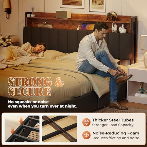 Bed Frame King Size with Upholstered Headboard & Charging Station, King Bed Frame with 4 Storage Drawers, 2-Tier Open Shelves, No Box Spring Needed, Slient Foam Strip, Easy Assembly, Black - color: Rustic Brown and Black, size: King