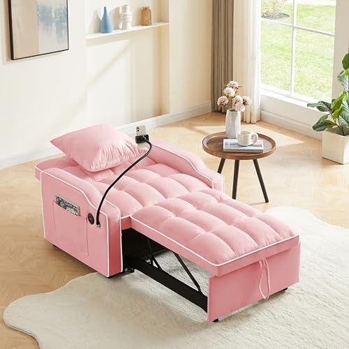 Eafurn Velvet Convertible Sleeper Chair Bed with USB Port & Phone Holder, 3-in-1 Pull Out Sofa Bed Chair, Multi-Functional Chair Bed with Adjustable Backrest & Side Pockets - color: Pink 33.85"