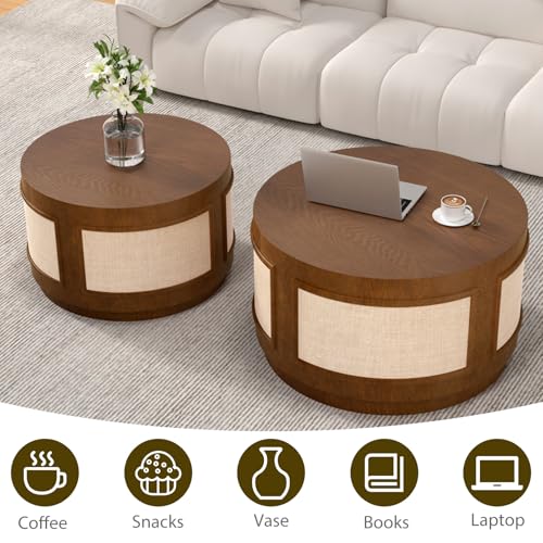 Nesting Coffee Tables Set of 2, Round Wooden, Brown | Solid Wood Frame & Fabric Veneer, Mid-Century Modern Accent Tables, End Tables, For Living Room, Bedroom & Small Spaces - color: Brown 26.8"dx15.7"h