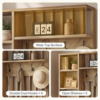 Tribesigns Wall Room Divider with Shelves and Coat Hooks, 5-in-1 Divider | Entryway Bench with Coat Rack, 4 Hooks, Freestanding Room Partition for Home & Office, Brown (39.37" W x 11.8" D x 70.87" H)
