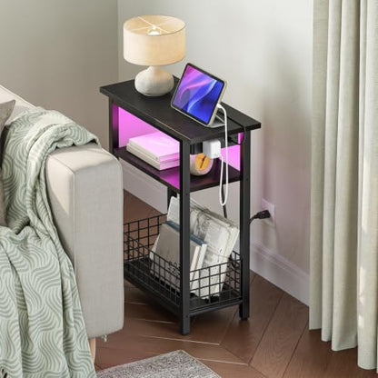 HOOBRO Narrow Side Table with Charging Station and LED Light, Small End Table with Storage, Skinny Nightstand with USB Port, Slim Bedside Table for Small Spaces, Living Room, Black BB242UDBZ01 - color: Black