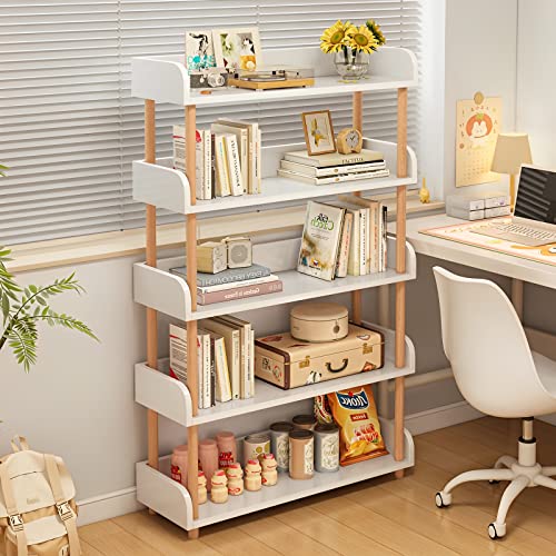 5-Tier Wooden Open Bookcase, Warm White | Modern Display Bookshelf with Top Edge, Solid Wood Frame, Home and Office Storage - color: Warm White, size: 5-tier