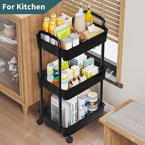 EZ COZY 3 Tier Rolling Cart, Plastic Diaper Cart Organizer with Wheels, Roller Cart for Diapers, Baby Nursery, Kitchen, Bathroom, Living Room and Bedside, Black - color: Black