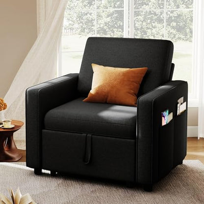 YITAHOME Convertible Sofa Chair Bed | 3-in-1 Sleeper Sofa with Pull-Out Bed, Linen Fabric Single Sleeper Chair with Reclining Backrest and Wide Armrest, Modern - color: Black, size: 74.8 x 35.8in