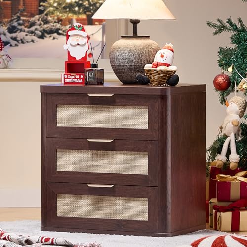 LEYAOYAO Rattan 23" Nightstands with Drawers for Bedroom | Gold Metal Handle, Storage Shelf, Walnut Night Stand, Boho Bedside Table, Bed Side End Tables Living Room, Hallway - color: Retro Walnut, size: 3 Drawers