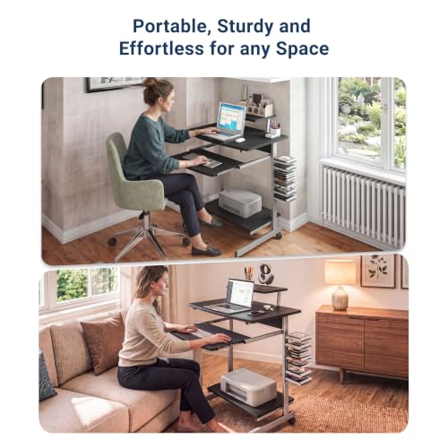 Techni Mobili Rolling Computer Desk Cart w/ Keyboard Tray & Wheels, Black | Locking casters, printer stand, office cart, compact desk, home office, small space computer workstation