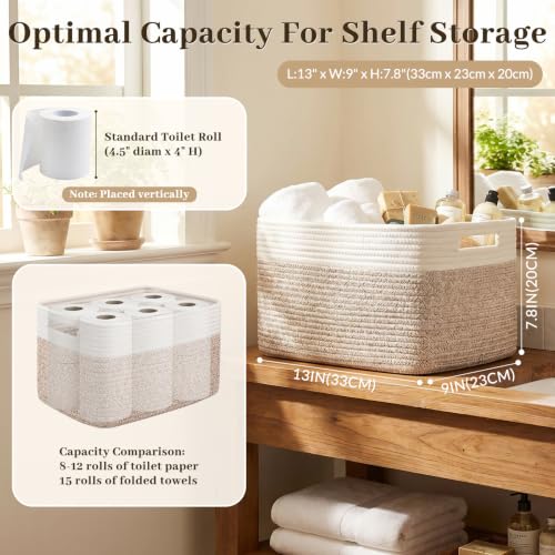 OIAHOMY 4 Pack Storage Basket, 13"x9"x7.8" Cotton Rope Baskets for Shelves, Closet Organizer for Bedroom & Living Room, Soft Decorative Bins for Organizing Towels, Books & Toys, Brown & White - color: Brown & White