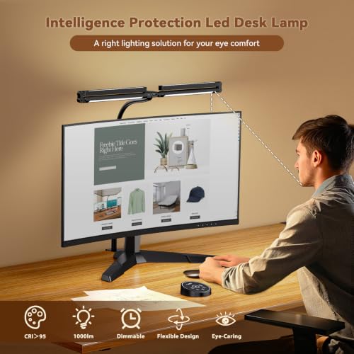 Led Desk Lamps for Home Office - Eye Caring Architect Lamp with Clamp, Double Head Computer Monitor Work Desk Light with Remote Control: 24W Flexible Dimmable Desktop Table Lamp - color: Dark Black