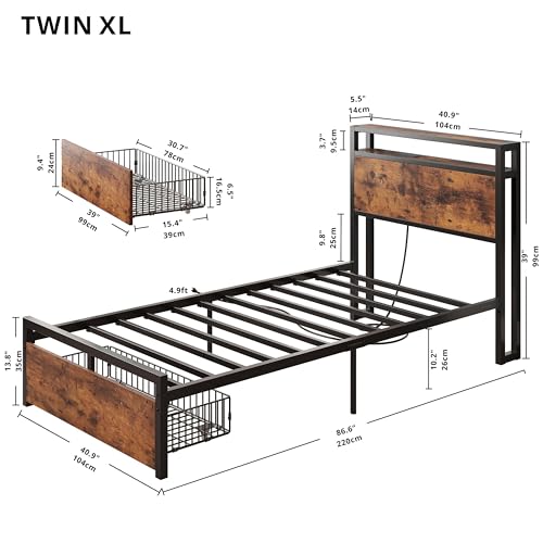 LIKIMIO Twin XL Bed Frames with Drawer and Charging Station, Vintage Brown | 2-Tier Storage Headboard with Metal Construction Frame, No Box Spring Needed, Fits Small Bedroom or Guest Room. - color: Vintage Brown, size: Twin XL