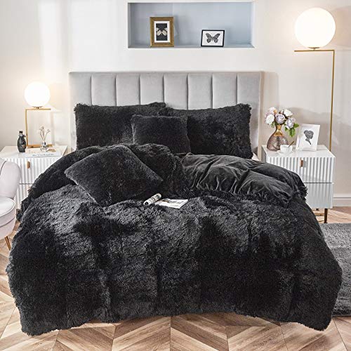 Faux Fur Velvet Fluffy Bedding Duvet Cover Set Down Comforter Quilt Cover with Pillow Shams, Ultra Soft Warm (Black, King) - color: Black, size: King