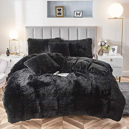 Faux Fur Velvet Fluffy Bedding Duvet Cover Set Down Comforter Quilt Cover with Pillow Shams, Ultra Soft Warm (Black, Queen) - color: Black, size: Queen