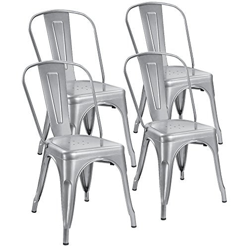 Devoko Metal Indoor-Outdoor Chairs Distressed Style Kitchen Dining Chairs Stackable Side Chair with Back Set of 4 (Silver) - color: Silver