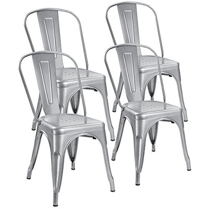 Devoko Metal Indoor-Outdoor Chairs Distressed Style Kitchen Dining Chairs Stackable Side Chair with Back Set of 4 (Silver) - color: Silver