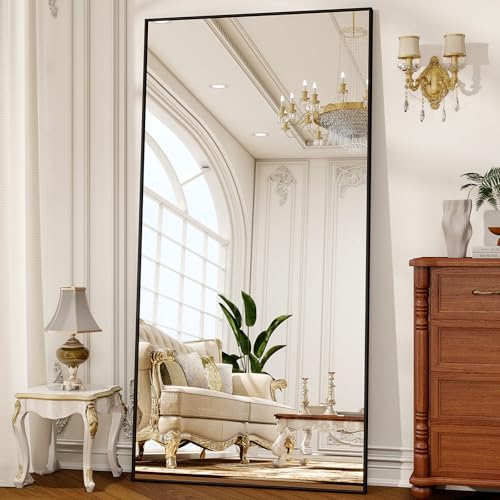 80" x 40" Oversized Full Length Mirror with Stand, Black | Standing/Leaning/Wall Mounted Large Full Body Floor Mirror for Bedroom, Living Room, Entryway with Aluminum Alloy Frame - color: Black, size: 80"L x 40"W